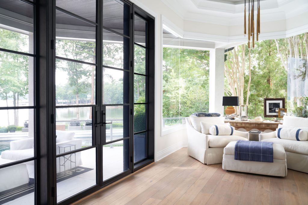 Modern interior doors with glass with clear view outside.