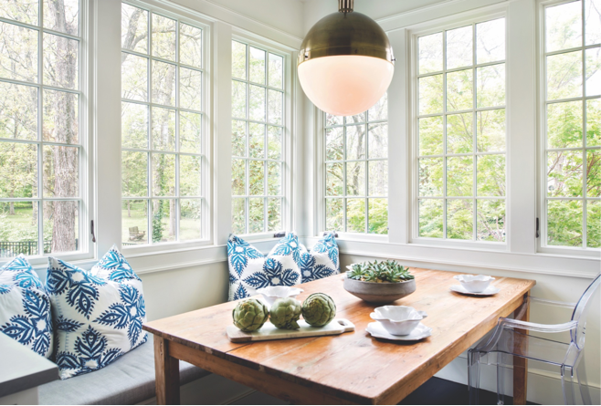 Custom iron white windows seating area.