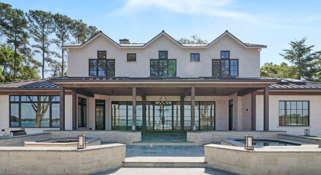 Expansive custom iron doors at the Lake Norman estate, from the back.