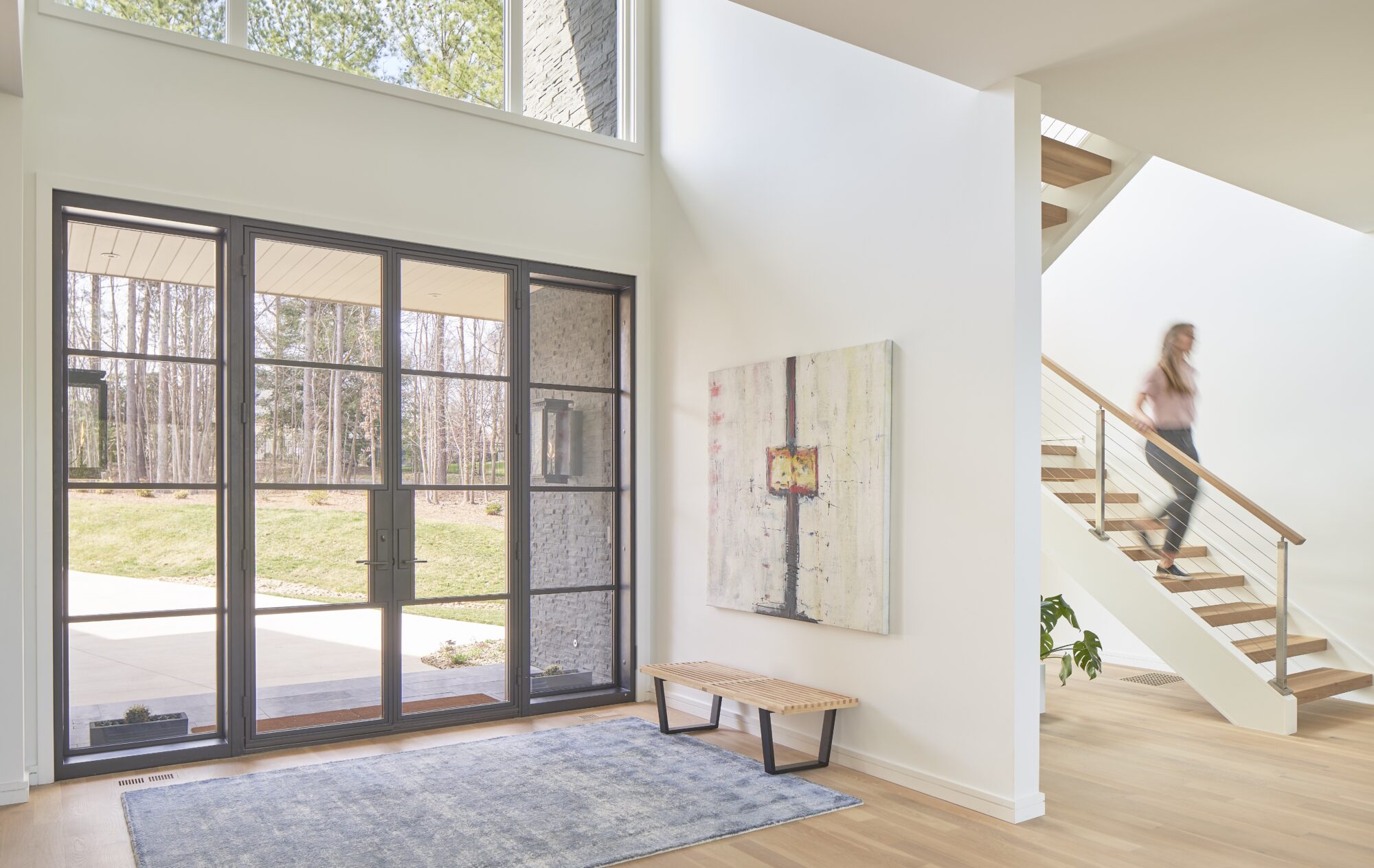 Modern door with sidelights seen from inside.