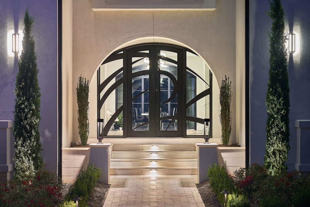 Ornate designed door with large lines crossing over.