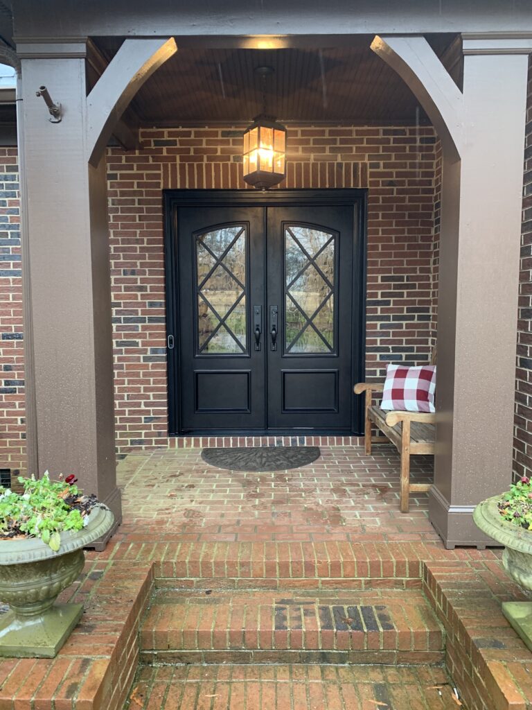 Classic X style farmhouse traditional double doors with textured flemish glass
