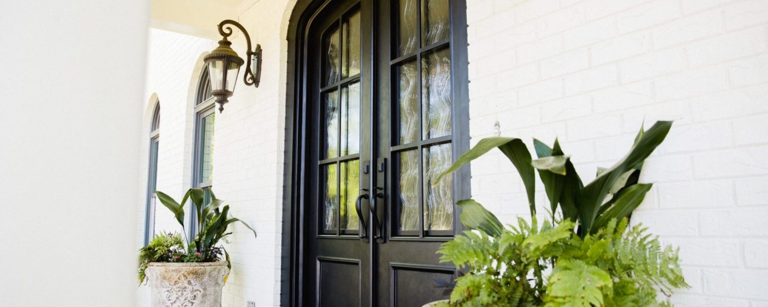 Traditional front door with glass and plants.